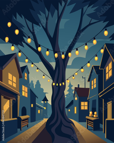 The streets of a quaint town come alive with the soft glow of solarpowered lights strung across the branches of charming oldfashioned trees.. Vector illustration