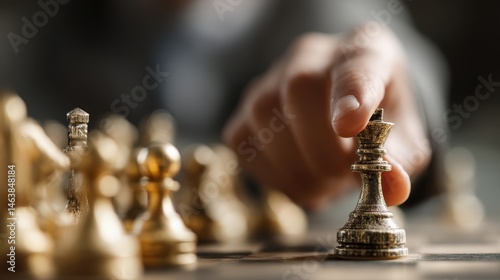 Leadership metaphor with business hand moving building on chessboard in investment battle photo