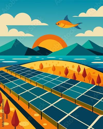 Vast fields of solar panels stretching as far as the eye can see providing renewable energy for the bustling fish farm below.. Vector illustration