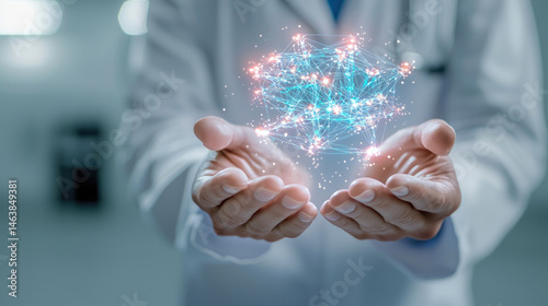Scientist in white lab coat holds glowing digital network hologram, symbolizing innovation, technology, and futuristic medical research in laboratory setting