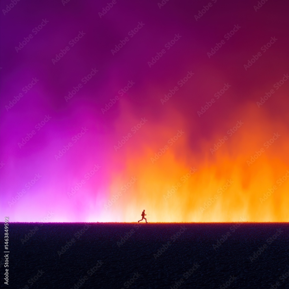 Fototapeta premium A person runs against a vibrant, colorful background of orange and purple.