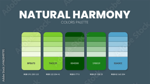Color palette guide in Natural harmony colour theme collections. Color inspiration or chart with codes template. Color combination RGB. Colors swatches for graphic design, art, fashion, web, painting.
