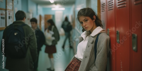 A pictorial of school girls showing school life. Classic feel. 90s teen movie screen. Pictorial taken at school. Pictorial using cabinets and hallways. AI generated.
