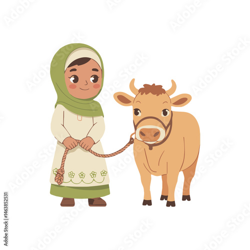 a muslim girl standing with her cow.