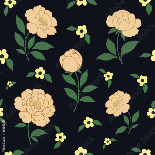 Wallpaper Mural Seamless floral pattern with vintage yellow peonies flower and green leaves on dark navy background. ideal for fabric , wallpaper, wrapping and prints on surface. Torontodigital.ca