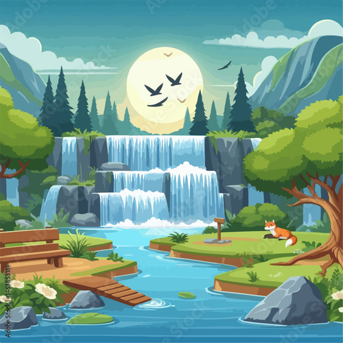 Illustration of a beautiful waterfall view in the forest