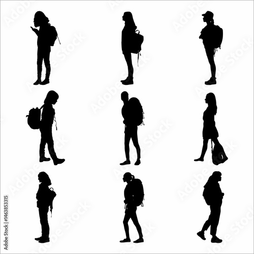 collection of silhouettes of women wearing backpacks