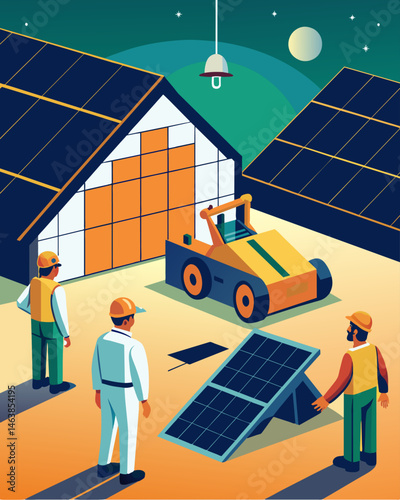 At a solarpowered robot research facility scientists observe as a new prototype navigates through a mock warehouse setting showcasing its advanced sensory technology and. Vector illustration
