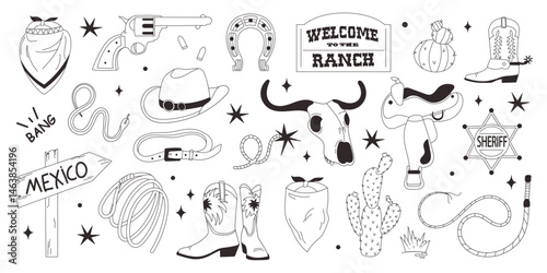 Wild west doodle set. Cowboy theme. Cute vector set of hand drawn cowboy elements. Collection of different stickers with skull, hat, gun, snake, ashtray. Stock isolated illustration.