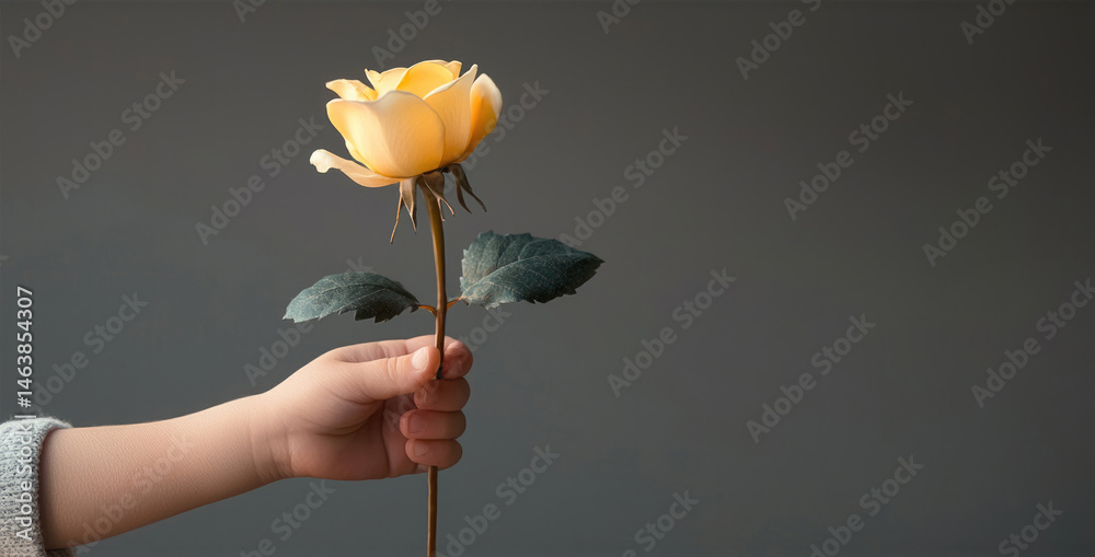 Child hand holding yellow rose with green leaves, side view, against plain gray background, expressing innocence and tenderness in simple, minimalistic style