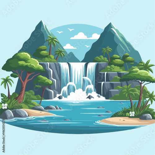 Illustration of a beautiful waterfall view in the forest