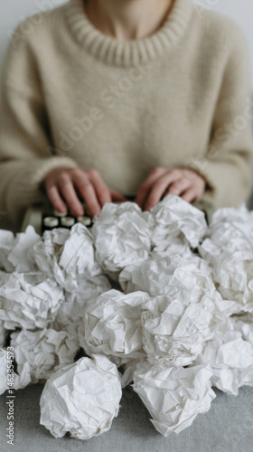 A Caucasian woman types amid a sea of crumpled paper dreams, embodying Writer's Block Day and Scribbler's Reverie