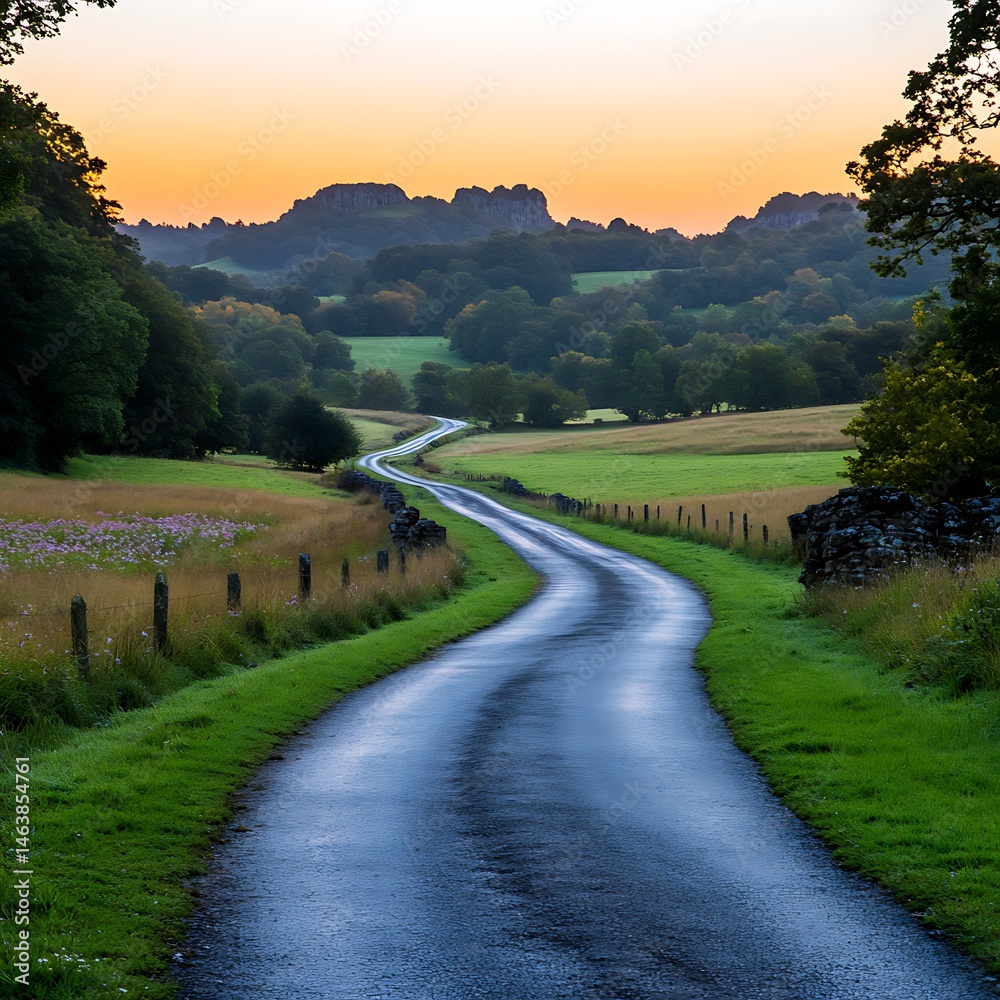 Fototapeta premium Serene Sunrise Over Rolling Hills Picturesque Country Road Winding Through Lush Green Fields