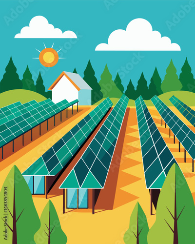 Rows of solar panels adorn the rooftop farm converting the suns rays into energy to fuel the modern agriculture practices.. Vector illustration