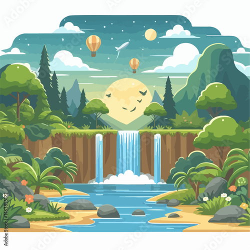 Illustration of a beautiful waterfall view in the forest