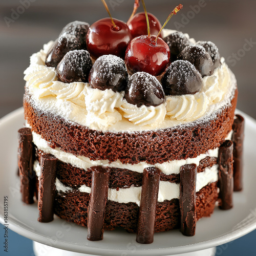 Obraz na płótnie Chocolate cake with whipped cream, chocolate sticks, and fresh cherries on top, decorated with powdered sugar, creates festive and indulgent dessert perfect for celebrations w salonie