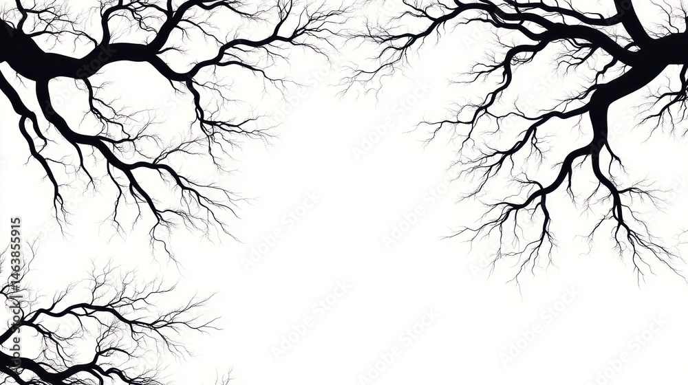 Fototapeta premium Bare tree branches frame black and white nature silhouette graphic design element