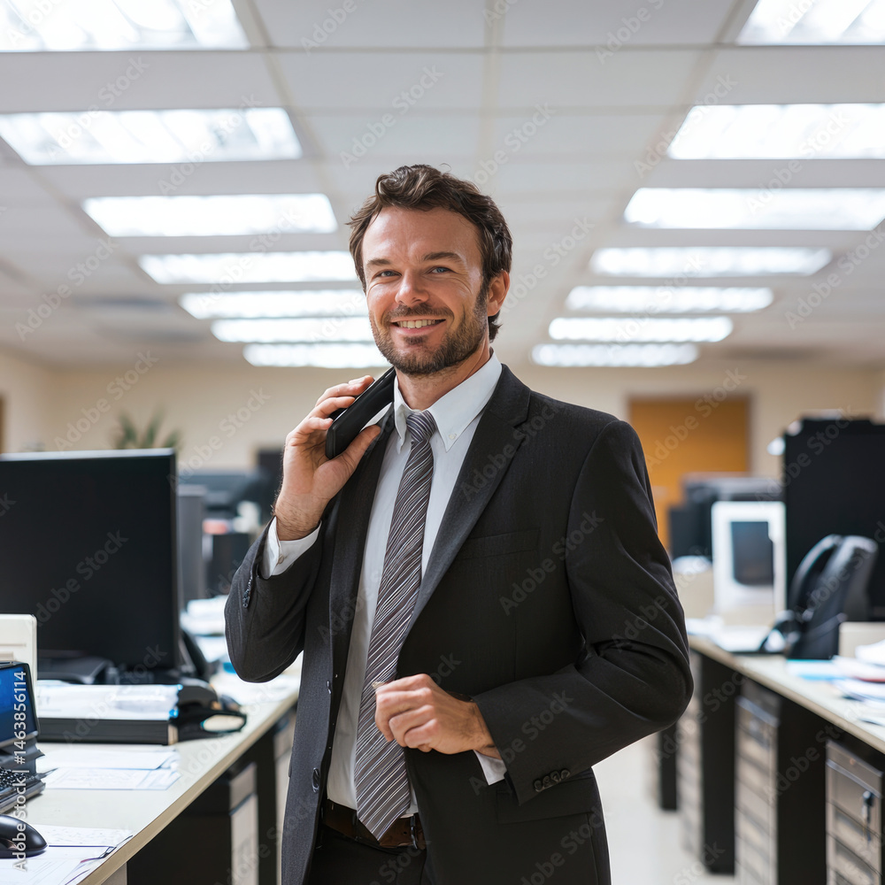 Confident businessman in dark suit smiling while talking on mobile phone in modern open office, surrounded by desks, computers, and paperwork, expressing positivity