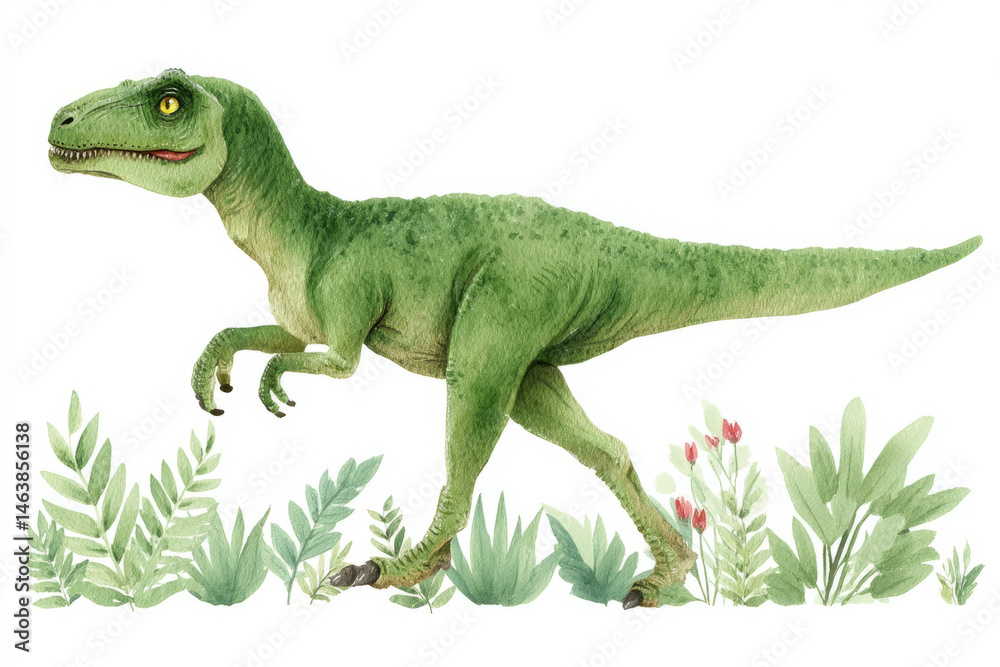 Fototapeta premium A verdant velociraptor prances through whimsical flora, celebrating Dinosaur Day with Jurassic vitality and prehistoric flair