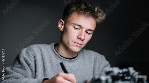 A contemplative young Caucasian male scribbles poetic notes, evoking World Poetry Day and the whimsical Day of Gratitude