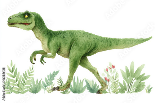 A verdant velociraptor prances through whimsical flora, celebrating Dinosaur Day with Jurassic vitality and prehistoric flair