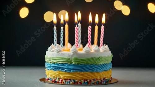 Colorful candlelit cake echoing joyous whispers of childhood dreams, vibrant birthday festivity, reminiscent of Dia de la Primavera