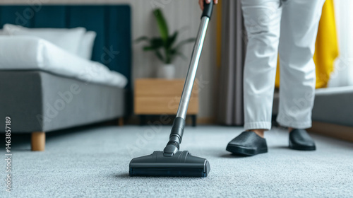 Croatian man glides vacuum through carpet, evoking spring cleaning rituals, dust's banishment akin to ancient Kraljevdan traditions