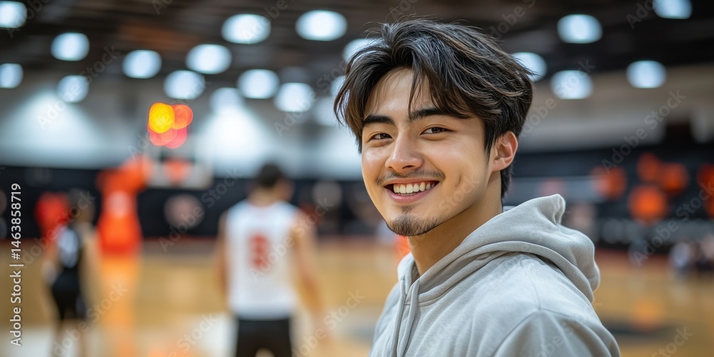 Fototapeta premium A young man is smiling and wearing a hoodie in a basketball court