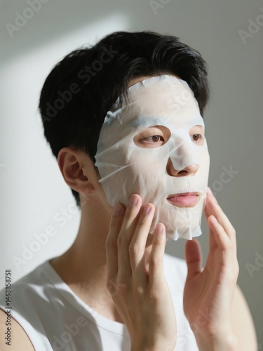 Young Man Applying a Facial Sheet Mask Skincare Routine at Home Self Care and Beauty Treatment Male Model with Dark Hair