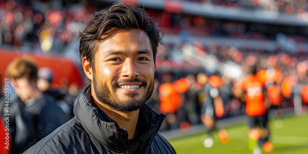 Fototapeta premium A man with a black jacket and a smile on his face