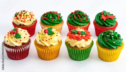 Festively decorated cupcakes in various colors, featuring green and red icing with holiday-themed toppings, perfect for celebrations