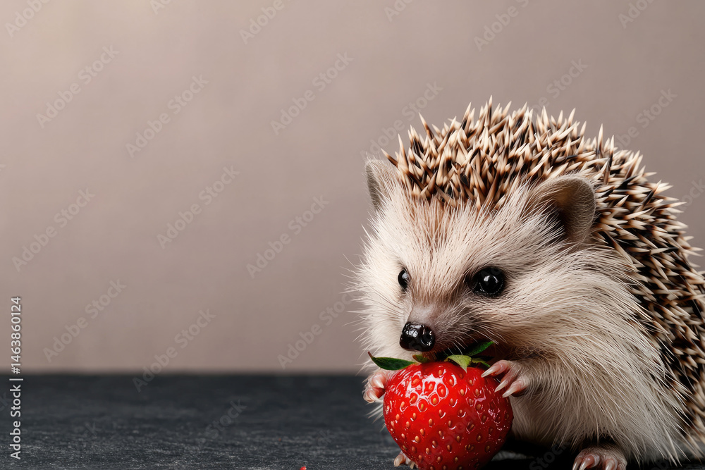 Cute hedgehog holding fresh red strawberry, sitting on dark surface with neutral background, adorable animal scene with natural lighting and soft focus