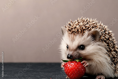 Obraz na płótnie Cute hedgehog holding fresh red strawberry, sitting on dark surface with neutral background, adorable animal scene with natural lighting and soft focus w salonie