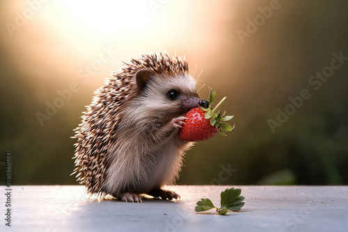 Hedgehog holding strawberry with tiny paws, standing on smooth surface outdoors, warm sunlight in background, creating cute and peaceful atmosphere