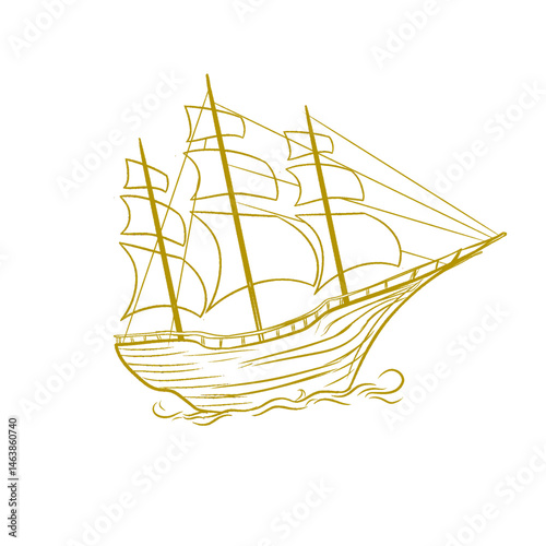 sketch of a sailing ship with golden lines without background