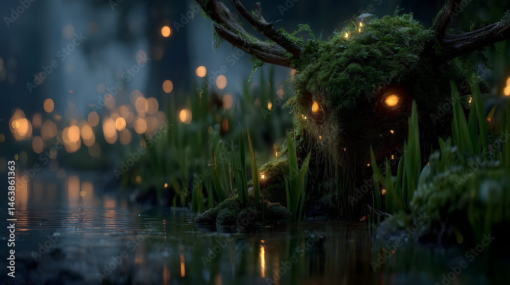 Fototapeta premium Enigmatic Moss-Covered Beast in Dark Swamp Fantasy Creature Art