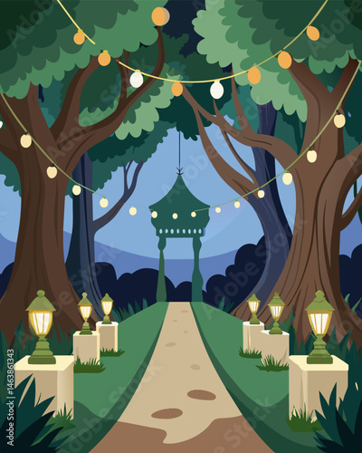 An outdoor wedding venue transformed into a fairyland with solarpowered lights beautifully around the branches of ancient towering trees.. Vector illustration