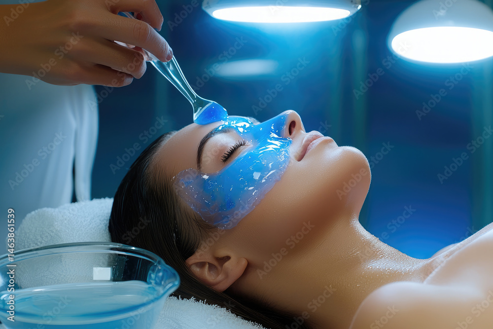 Woman receiving relaxing blue facial mask treatment at modern spa, esthetician applying gel mask with brush under bright lights, skincare and beauty therapy concept