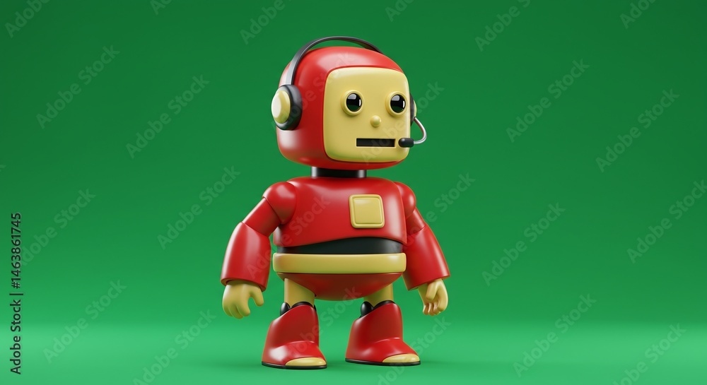Fototapeta premium Standing Red Robot Wearing Headset on Green Background