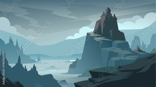 The misty air surrounding the rocky bluff lends an otherworldly feel to the landscape adding to its rugged and remote charm.