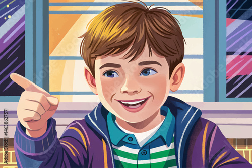 Young boy confidently pointing to the side, symbolizing direction, guidance, new idea, or attention to a specific subject. Perfect for concepts of education, marketing, leadership, and inspiration