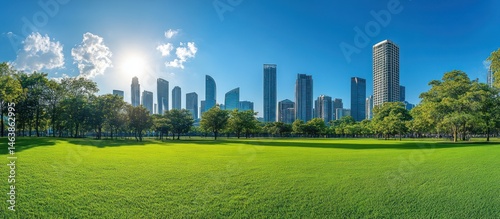 City Skyline Behind Green Lawn and Trees in Sunny Weather