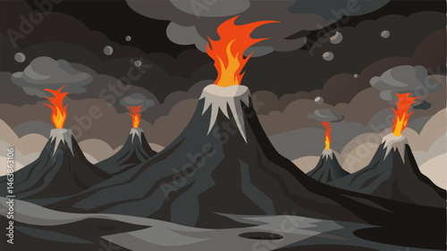 The eerie sight of ghostly ash plumes rising from multiple active vents on the surface of a volcanic landscape.