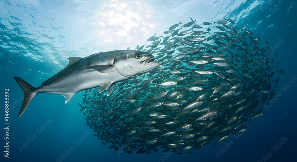 Fototapeta premium Large fish approaching school of smaller fish underwater in the ocean