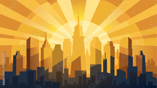The city skyline illuminated by golden rays of sunshine a glimmer of hope in the midst of the concrete jungle.
