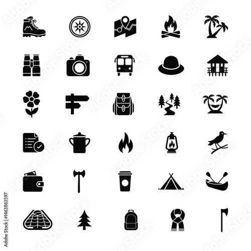 Collection of 30 black outdoor and camping icons including gear, nature, travel, and survival elements on a white background