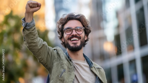 A fierce man is happy with his fist raised after succeeding in a project, ferrania p30 photo