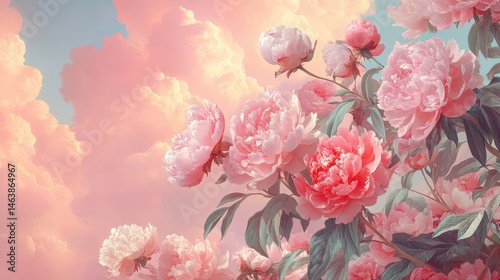 Fluffy pink peonies bloom against soft, pink clouds and blue sky. It's perfect for backgrounds, greeting cards, and feminine designs.
