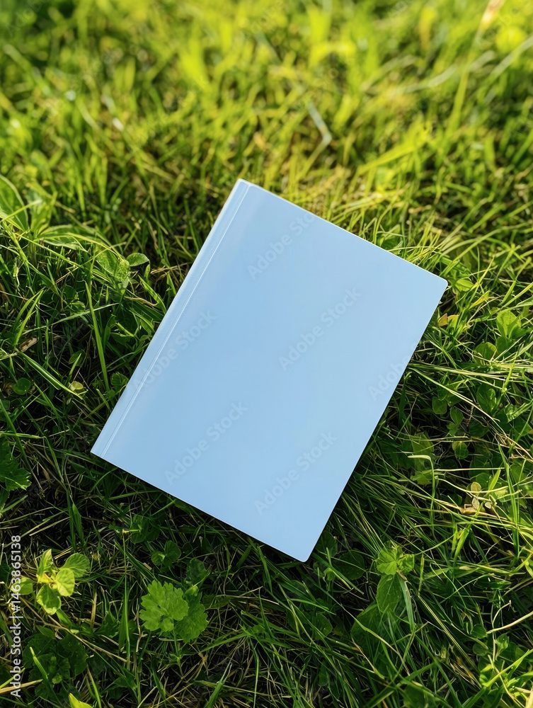 Blank white softcover book lying on green grass, sunlight casting soft shadows, outdoor natural setting, peaceful and fresh atmosphere, suitable for mockup or design template