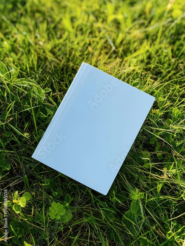 Obraz na płótnie Blank white softcover book lying on green grass, sunlight casting soft shadows, outdoor natural setting, peaceful and fresh atmosphere, suitable for mockup or design template w salonie